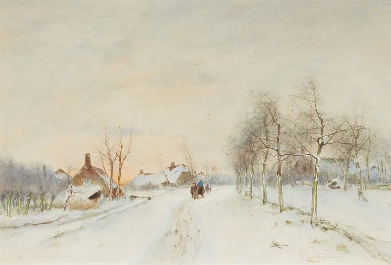 Winterlandschaft by Louis Apol, oil painting of a serene winter landscape with snow and frost.