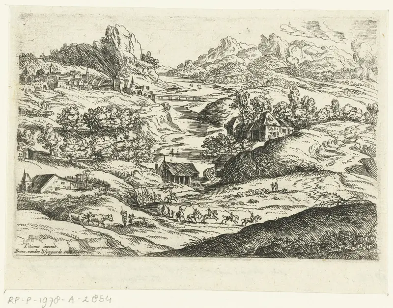 Landschap met ruiters, etching by Lucas van Uden, depicting riders and trees in soft light.