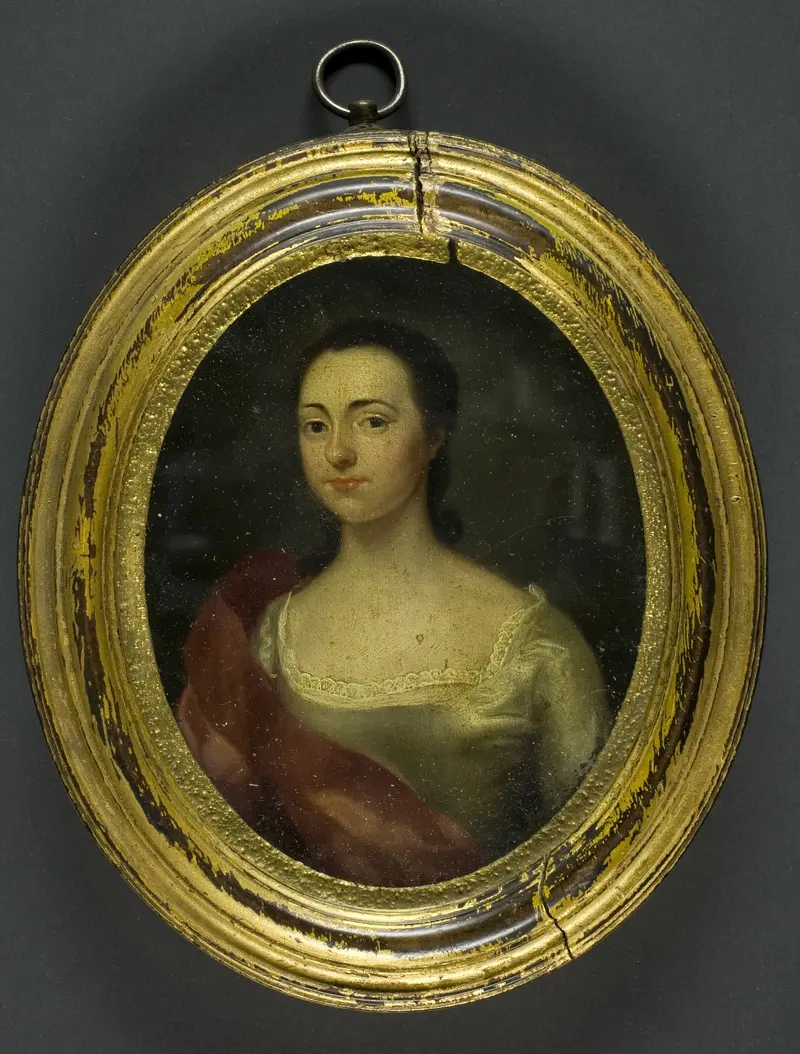 Portrait of a woman, oil on copper by English, featuring a contemplative gaze.