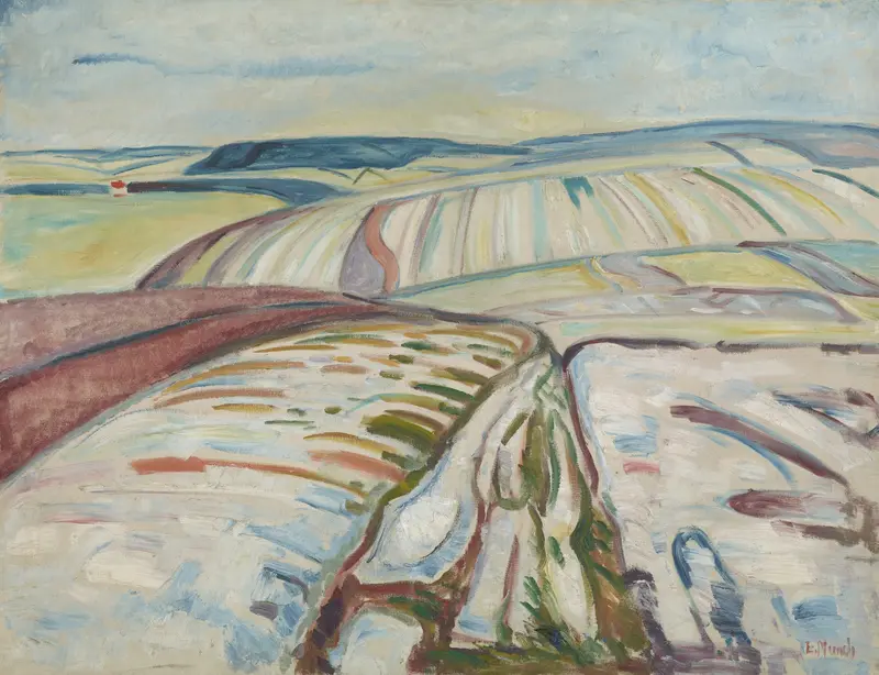 Winter landscape with skeletal trees and icy blues, oil painting by Edvard Munch