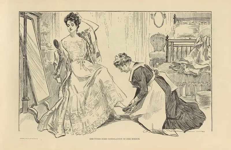 A young woman gazes into her mirror at a dressing table, reflecting on her thoughts.