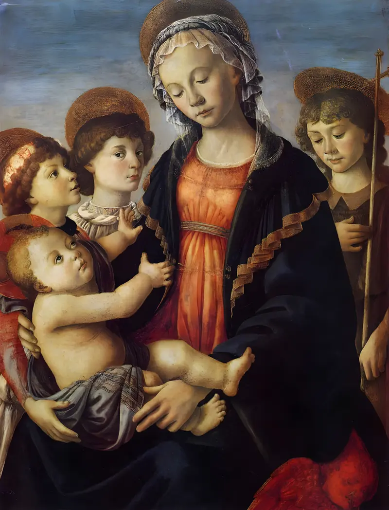 A depiction of the Madonna and Child with Saint John the Baptist and two angels, showcasing Botticelli's early style.