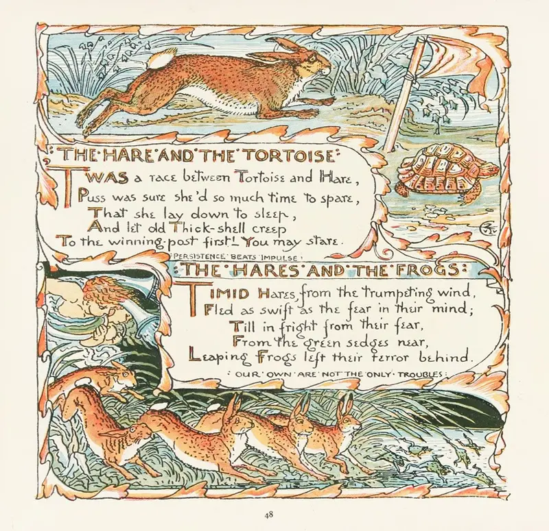A whimsical illustration depicting the fable of The Hare and the Tortoise.