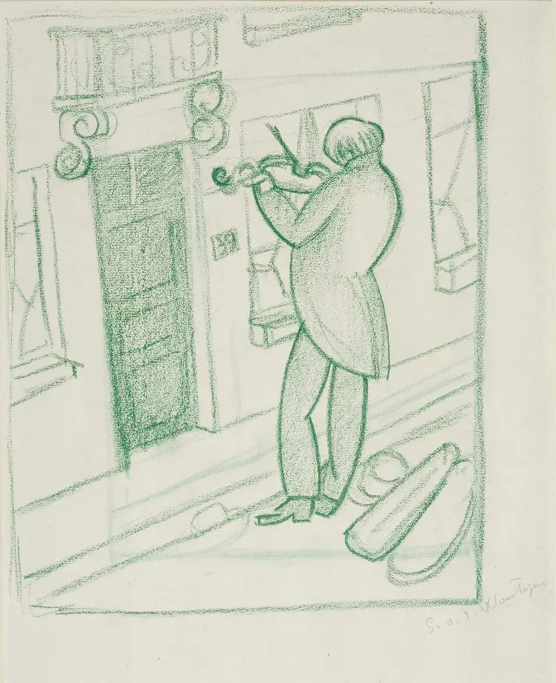 A blind violin player captured in a moment of musical anticipation.