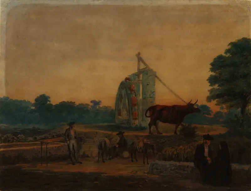 Landscape oil painting by Prilidiano Pueyrredòn featuring a large waterwheel and river