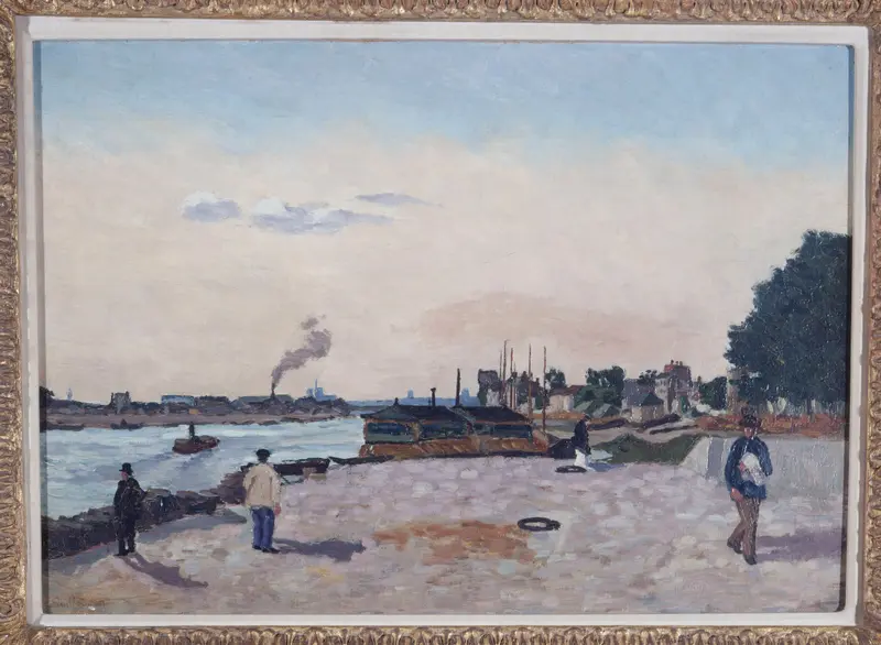 A serene view of the Seine riverbank with figures, barges, and smoke from factories under a vast sky.