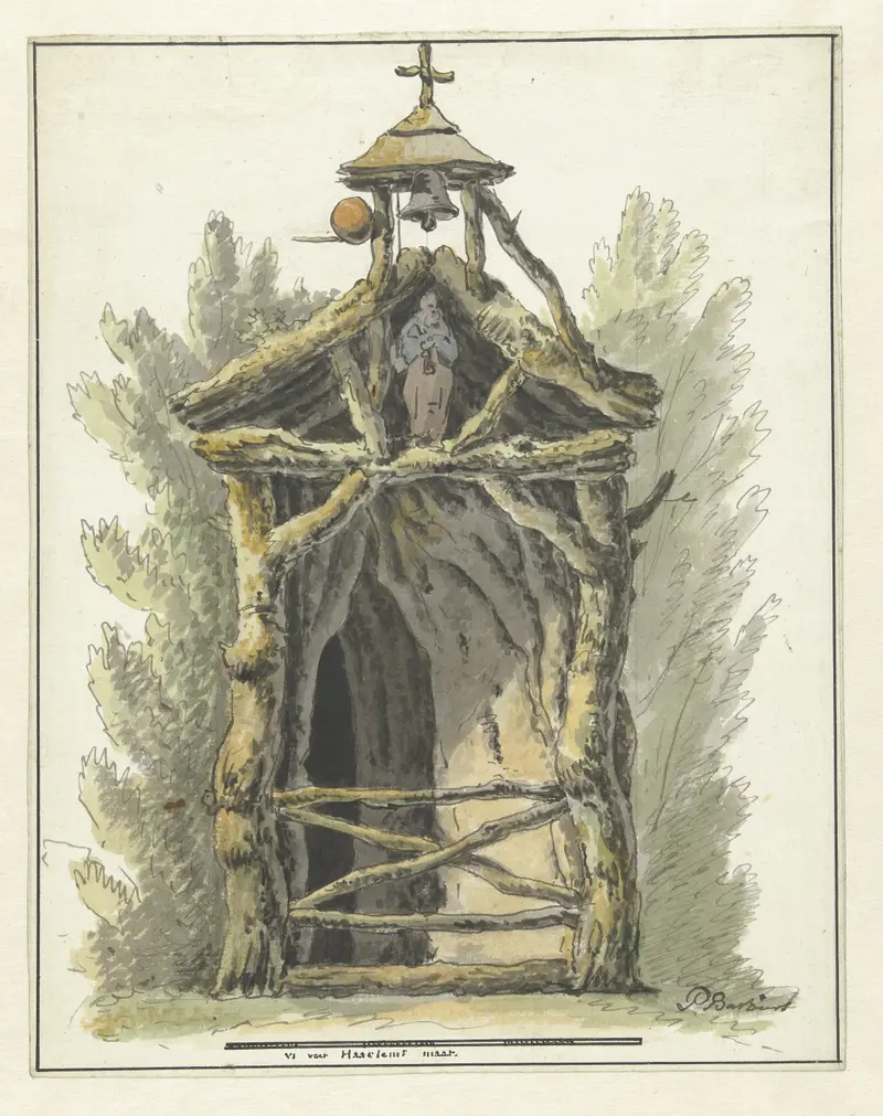 Kluizenaarshut met heiligenbeeld by Pieter Bartholomeusz. Barbiers, oil on panel depicting a tranquil hut in nature.