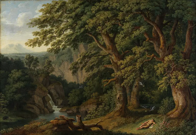Landscape with a sleeping boy guarded by doves, oil painting by Jacob Philipp Hackert