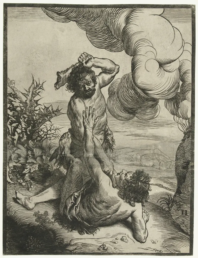 Kaïn doodt Abel by Jan Lievens, paper artwork showing a confrontation between two brothers.