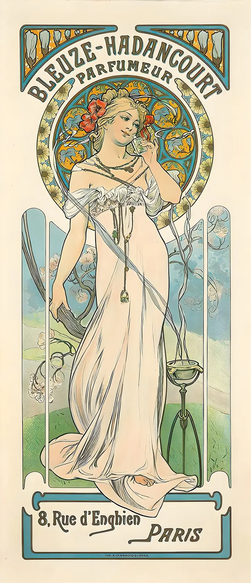 Alphonse Mucha's 'Bleuze-Hadancourt Parfumeur' features a striking depiction of a perfumer surrounded by floral motifs.