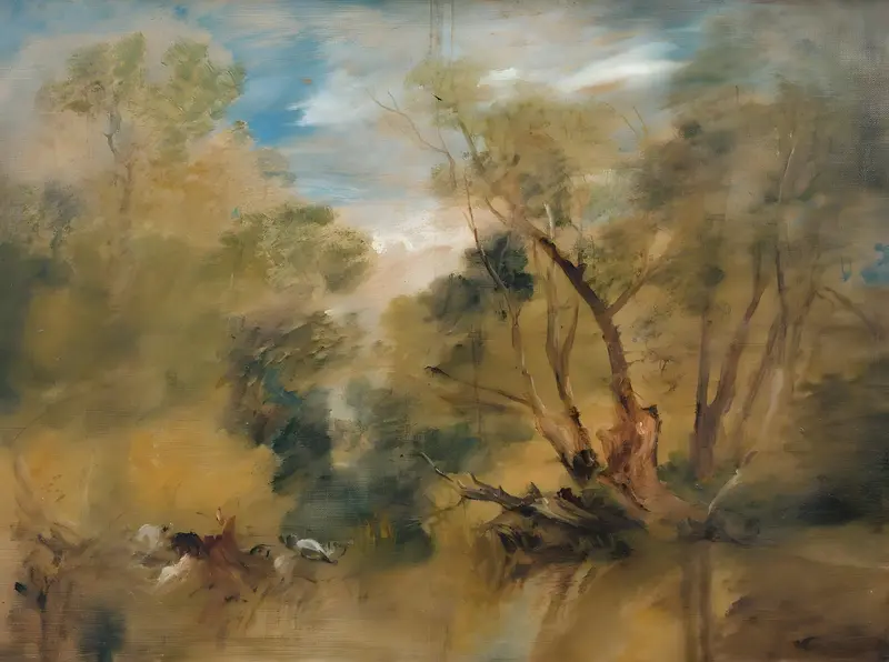 A serene landscape painting depicting willows beside a stream with reflections in the water.