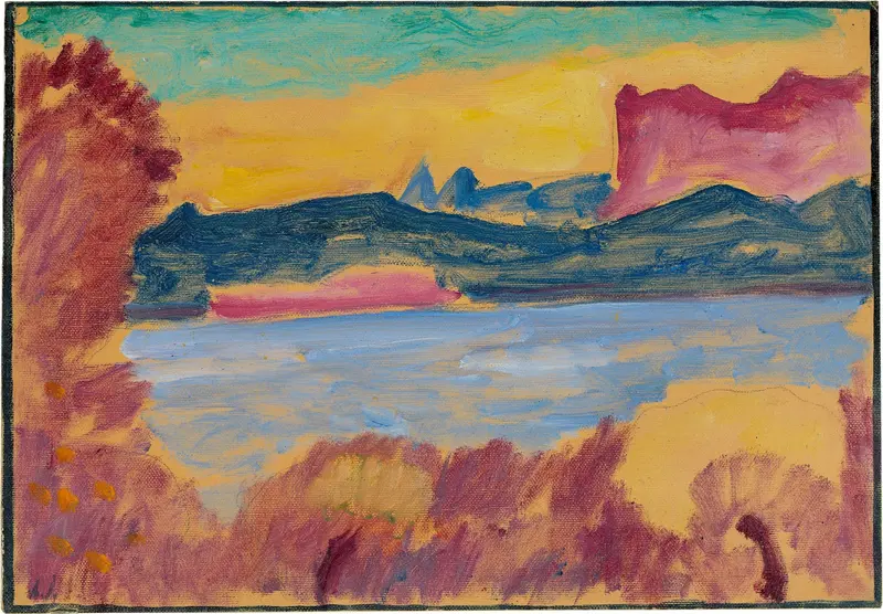 A vibrant landscape featuring a blue lake bordered by dark mountains and a bright sky in yellow and turquoise.