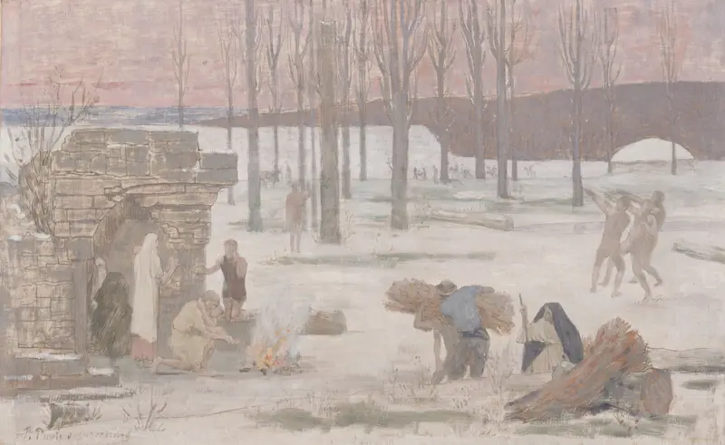 Winter by Pierre Puvis de Chavannes, oil on canvas depicting a snow-covered landscape with trees.
