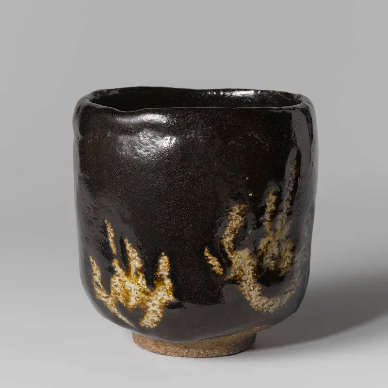 Black tea bowl with flame motifs, Japanese traditional, unknown artist