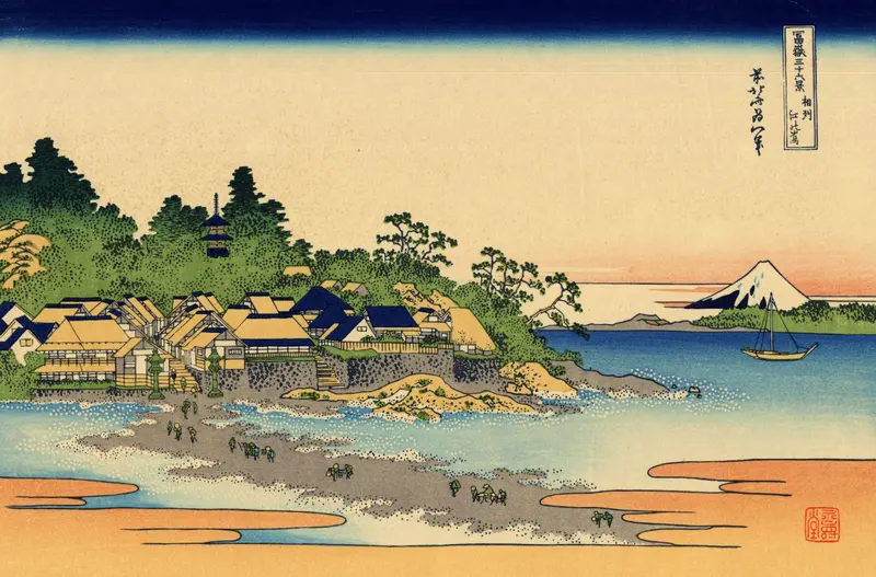 Ukiyo-e by Katsushika Hokusai depicting Enoshima with waves and shoreline