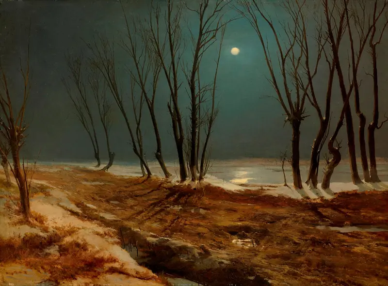Landscape in Winter at Moonlight by Carl Blechen, oil painting of a snowy scene under moonlight.
