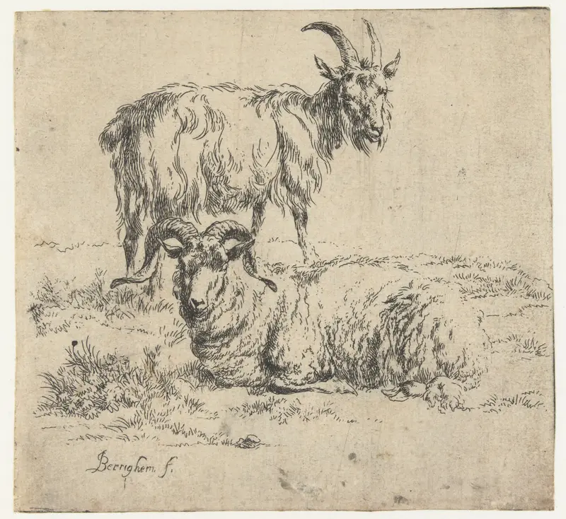 Etching by Nicolaes Pietersz Berchem depicting a ram and goat in a natural setting