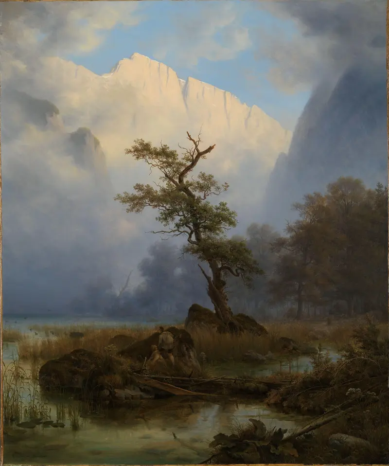 Duck-shooting an Autumn Morning by Thomas Fearnley, oil on canvas, depicting hunters in an autumn landscape.