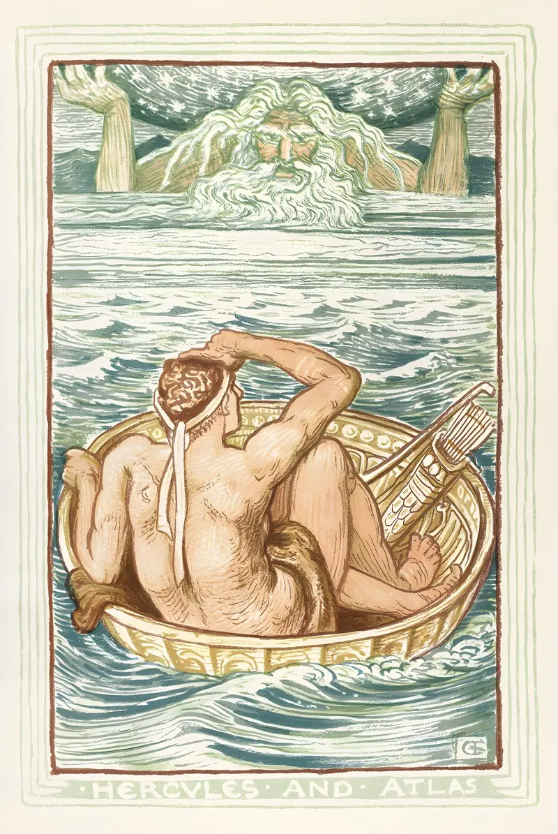 Walter Crane's painting 'Hercules and Atlas' depicts the mythological figures in a vibrant landscape.
