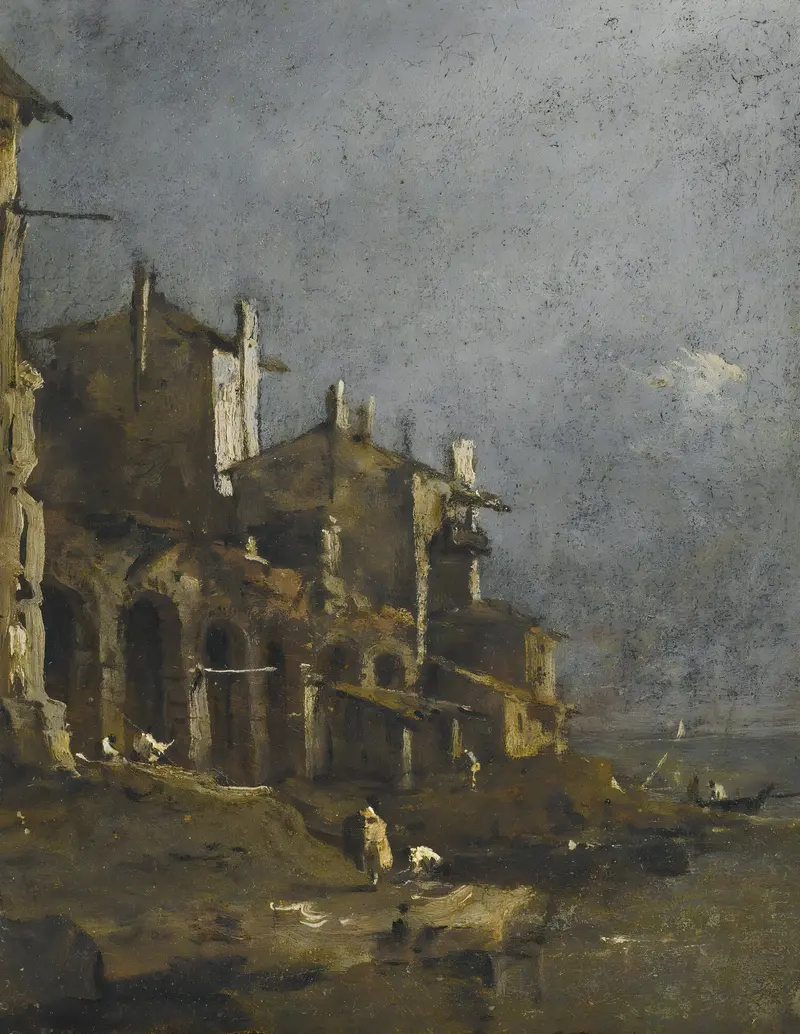 Coastal landscape with figures on the shore beneath an arcade, oil on canvas by Francesco Guardi.