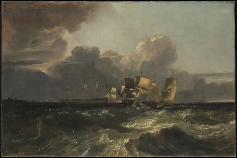 A dramatic seascape depicting ships struggling against the wind as they head for anchorage.
