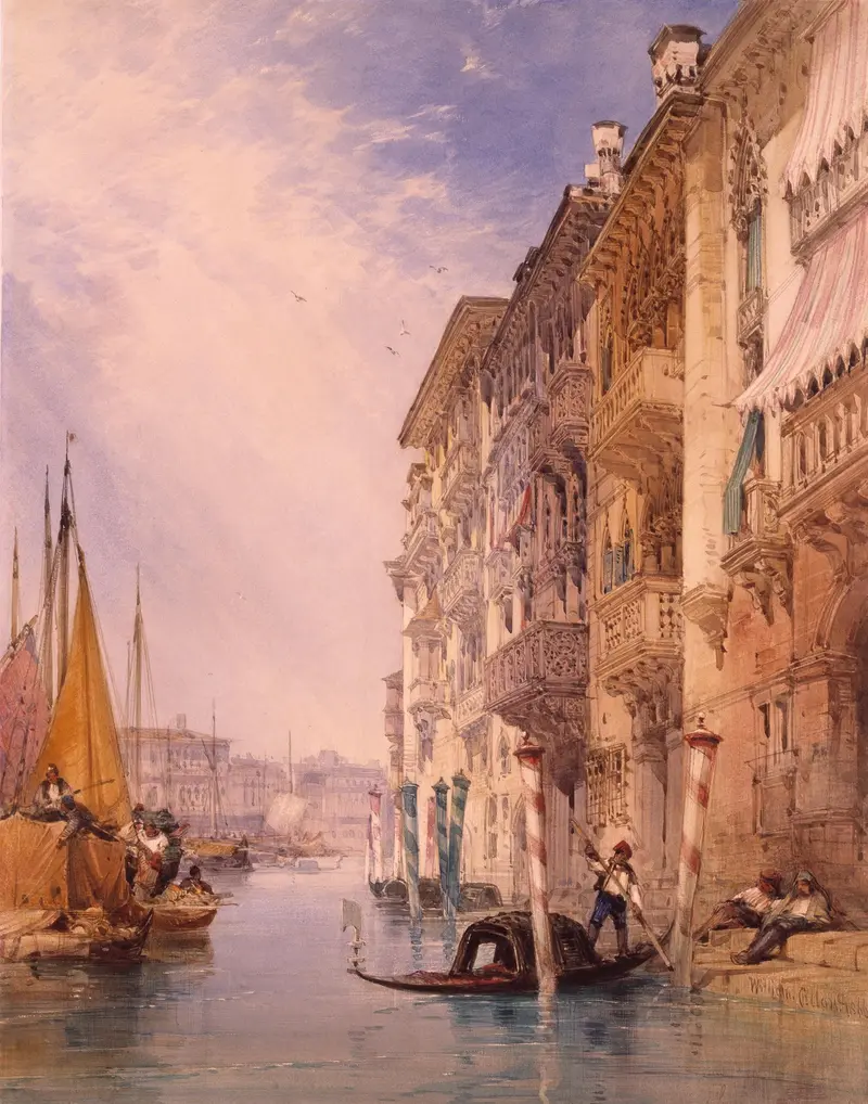 Oil painting by William Callow depicting a gondola gliding on the Grand Canal in Venice