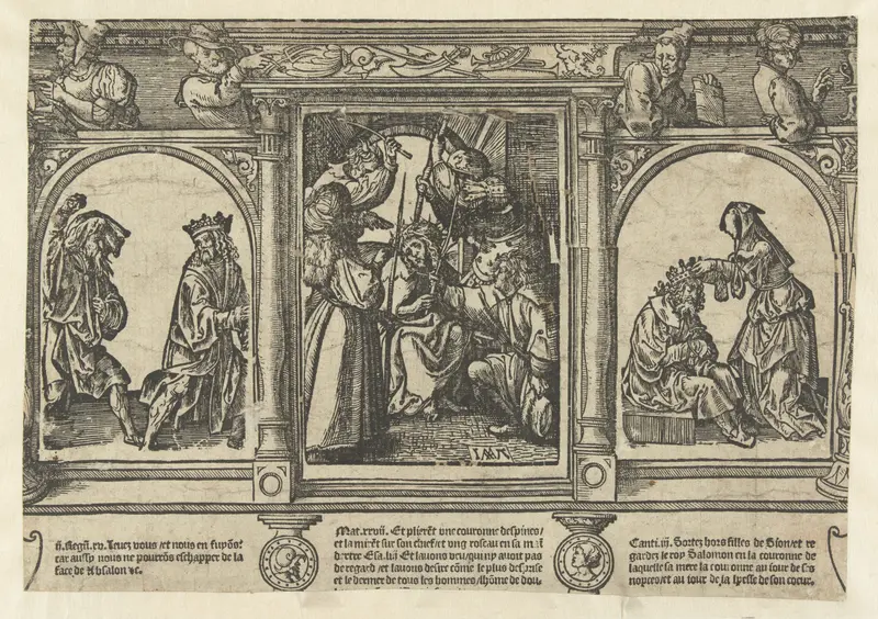 De doornkroning, a paper work by Jacob Cornelisz van Oostsanen depicting historical figures and a crown.
