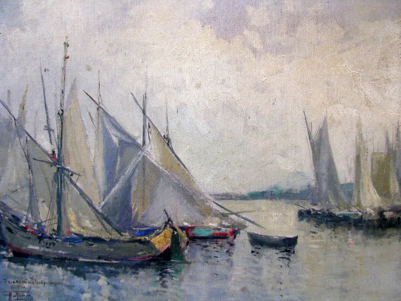 A seascape featuring overlapping sails and a tranquil harbor scene with soft light and blurred water reflections.
