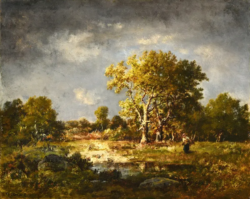 Une clairière, oil on canvas by Narcisse-Virgile Diaz de La Peña, depicting a serene forest clearing.