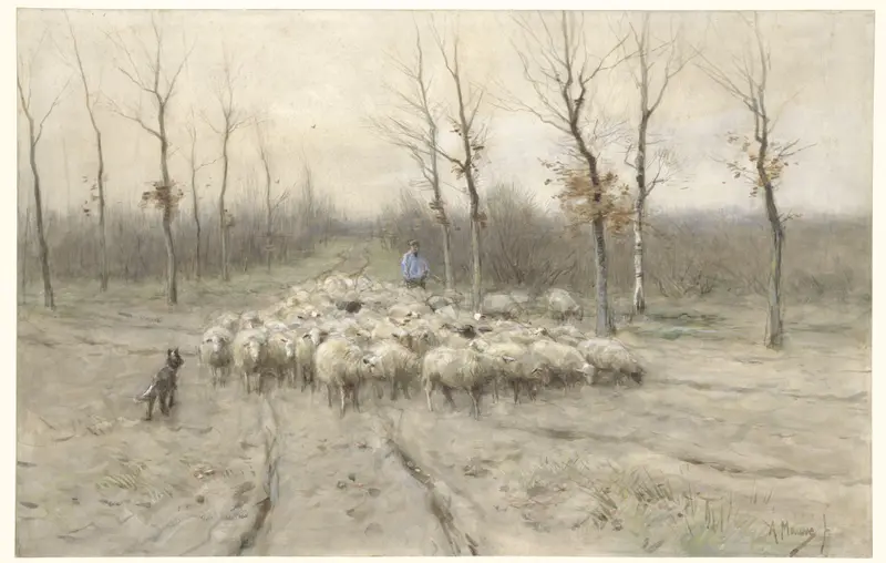 Realism oil painting by Anton Mauve depicting sheep grazing on heather.