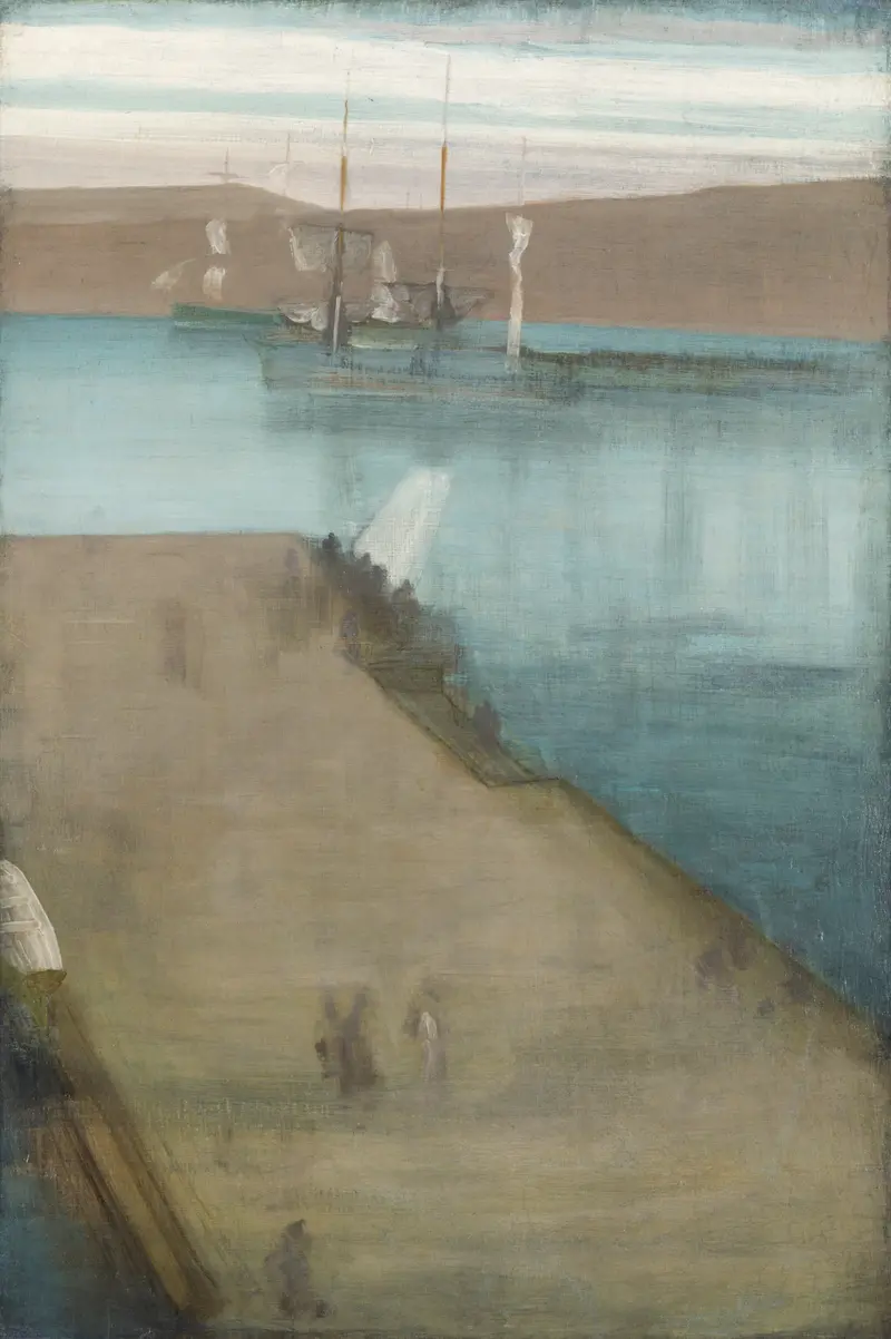 A hazy view of Valparaiso Harbor with ships and a calm sea under a pale sky.