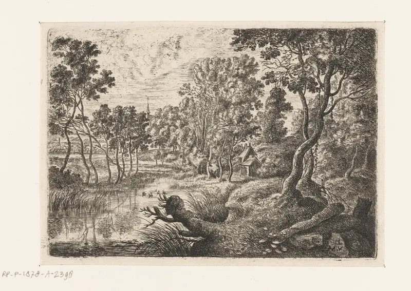 Etching by Lucas van Uden depicting a brook and lush greenery