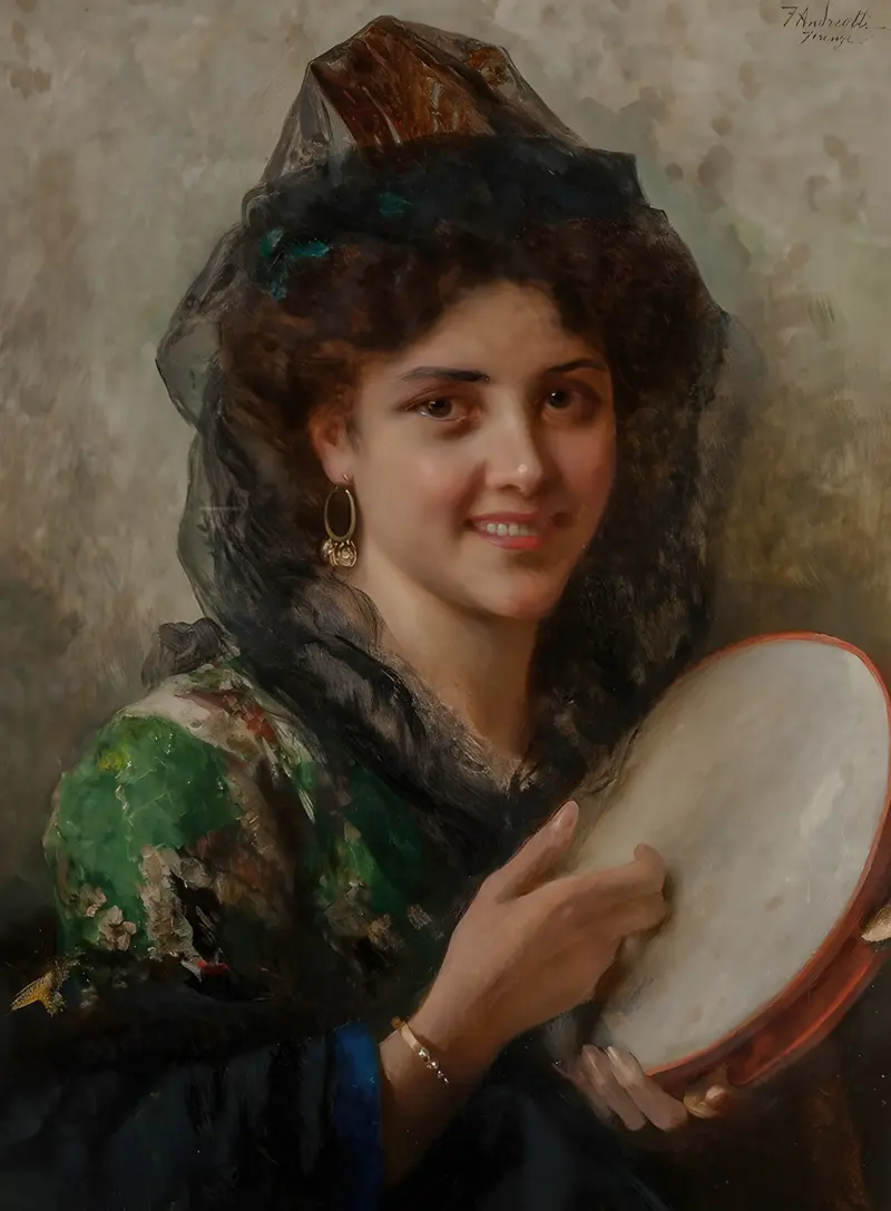 A young girl holding a tambourine in a lively setting.