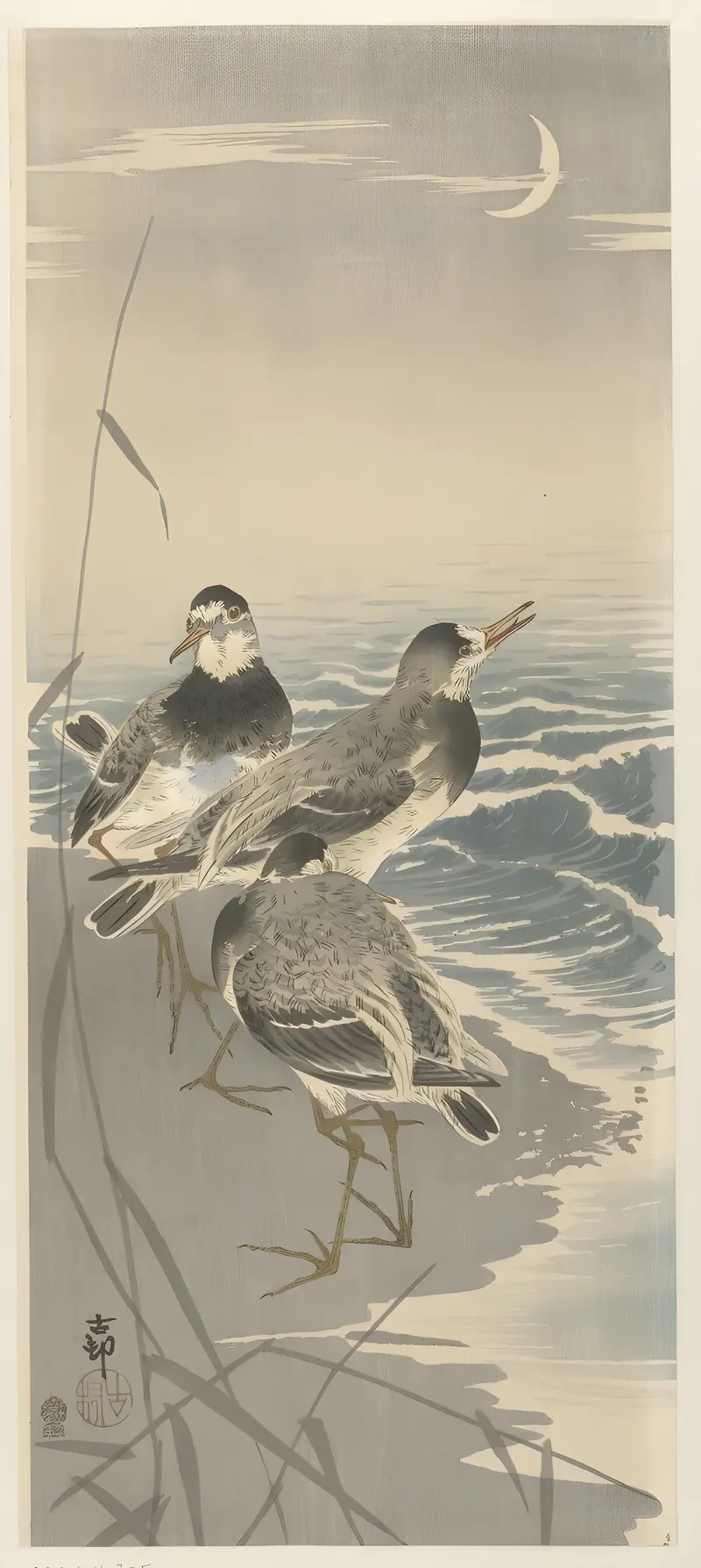 A serene depiction of sandpipers under a sickle moon.