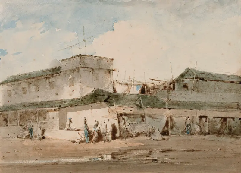 Genre scene of a bustling market in Madras by George Chinnery, oil on canvas