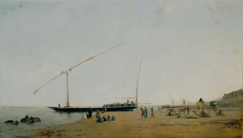 Oil painting by Eugène Fromentin depicting the Nile at sunset with shimmering water.