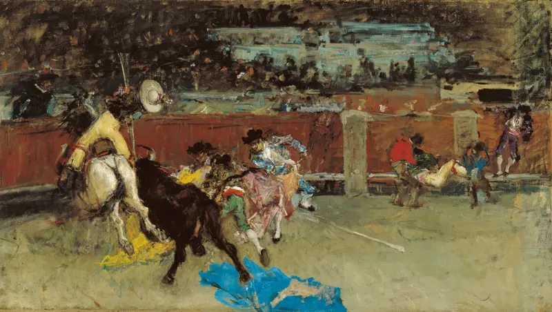 A dramatic scene of a wounded picador during a bullfight.