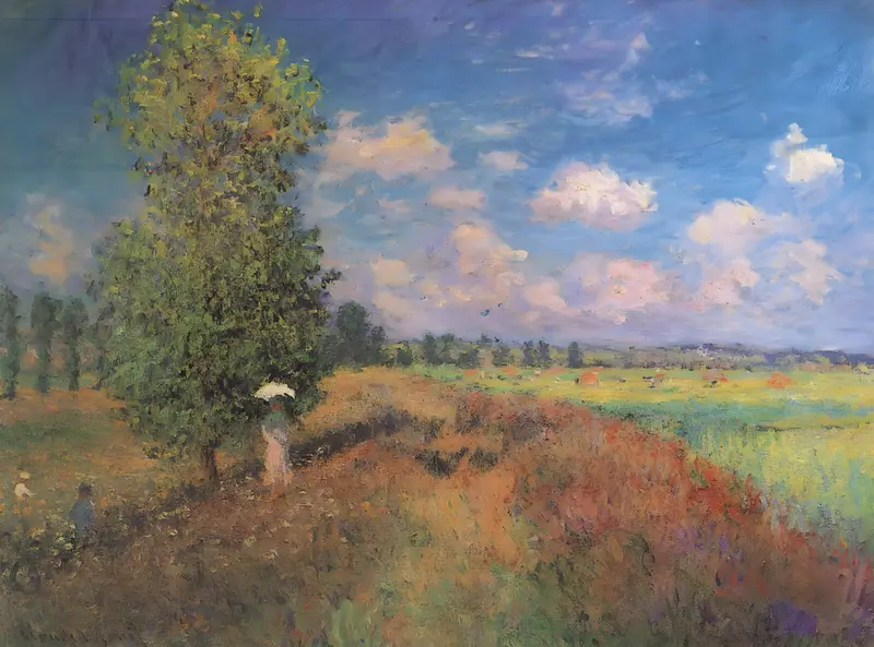 A tall tree on the left shades a woman with a white parasol and two small figures in a poppy-filled summer field under a blue sky.