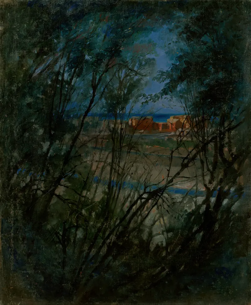 Blue Landscape by Ladislav Mednyánszky, oil painting depicting deep blues and muted greens in a serene landscape.