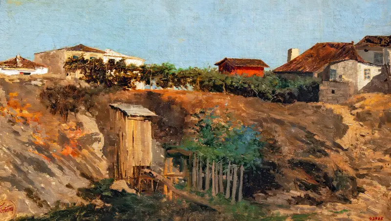 Portici Landscape by Mariano Fortuny Marsal, oil on canvas depicting a luminous sky and graceful porticoes.