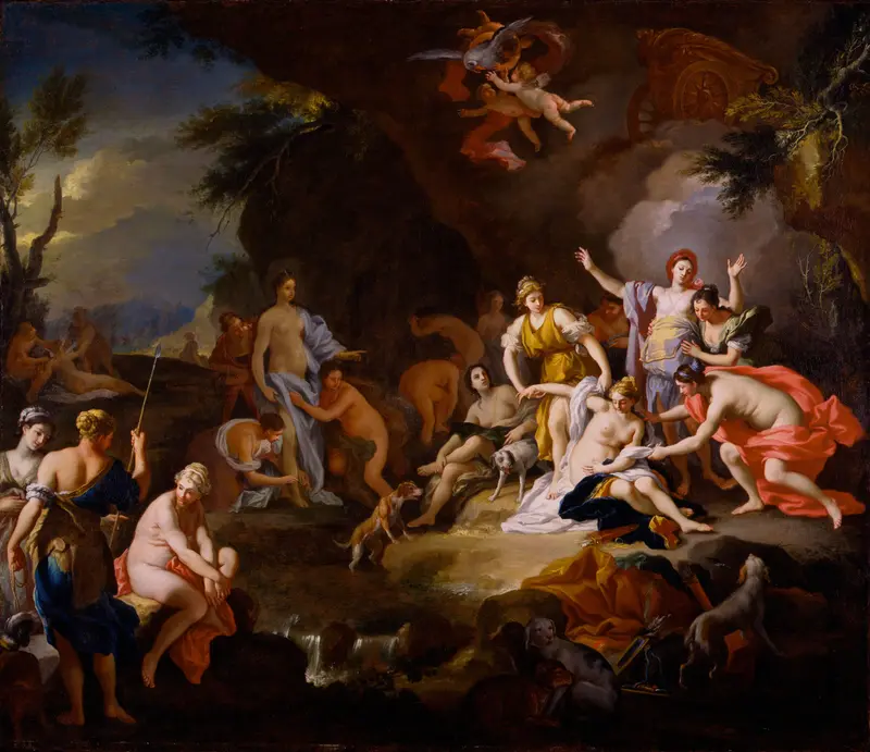 Diana and Callisto, oil on canvas by an unidentified artist, depicting a moment of intimacy and light.