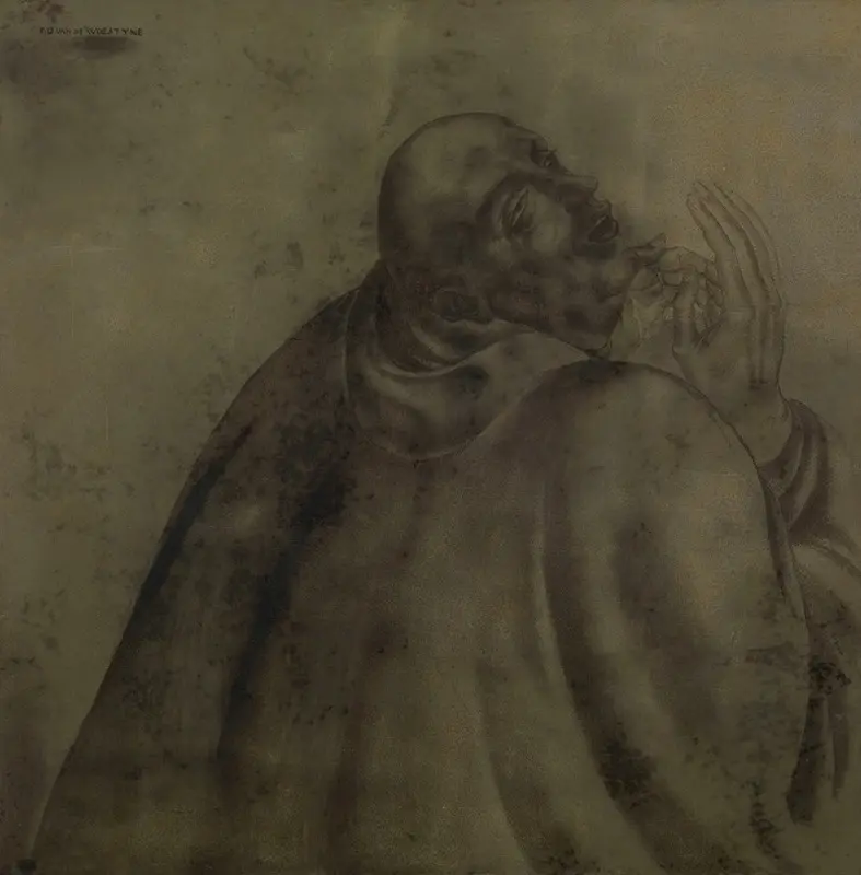 A contemplative portrayal of Saint Bernard of Clairvaux in a moment of devotion.