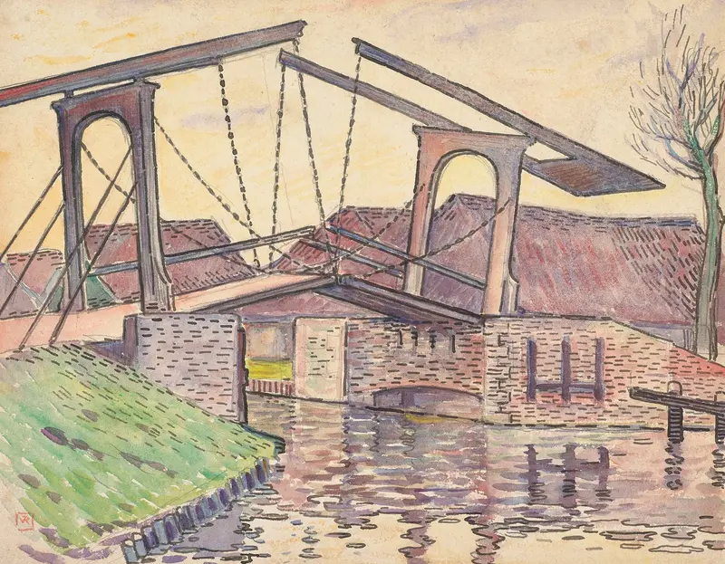 Pont en Hollande by Theo van Rysselberghe, oil on canvas depicting a bridge over a river.