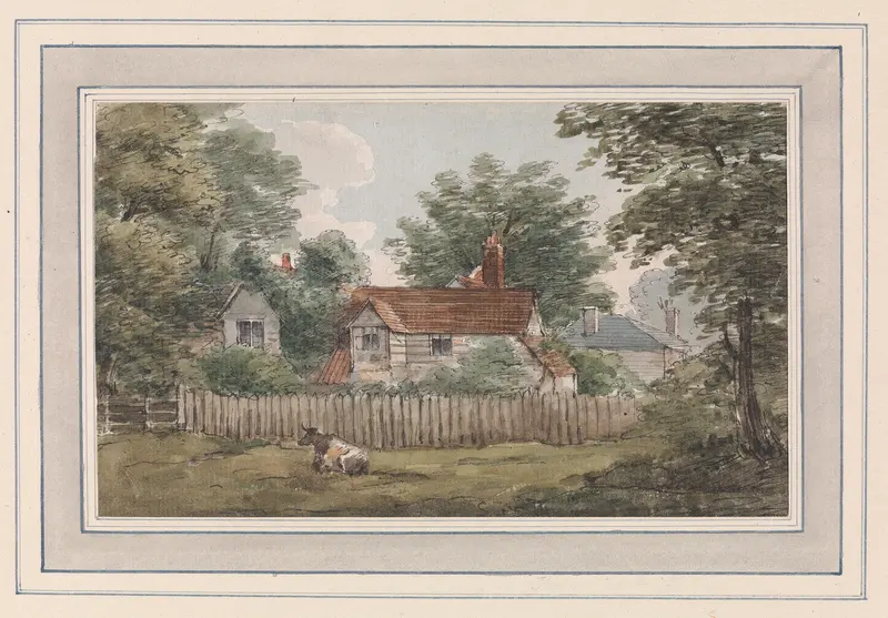 House in Hyde Park by George Arnald, oil painting depicting a tranquil dwelling surrounded by greenery.