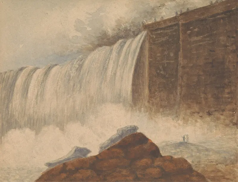 View of Niagara Falls with two figures on rock, oil painting by Isaac Weld