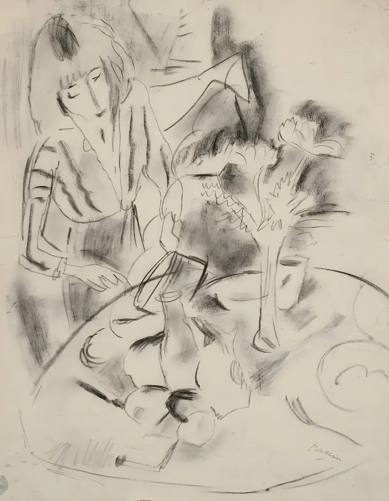 A captivating genre scene by Jules Pascin depicting a woman at a table.