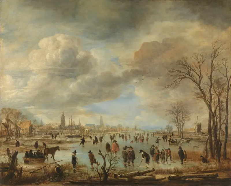 Winter landscape with kolf players and horse-drawn sleighs, oil on canvas by Aert van der Neer