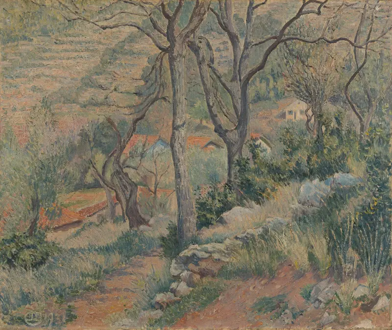 End of the Village by Lucien Pissarro, oil painting depicting a tranquil village landscape.