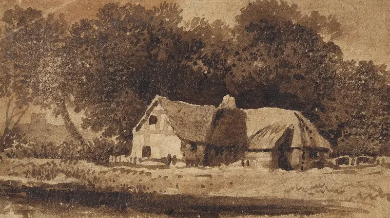 A cottage in a wooded landscape, oil painting by Samuel Palmer