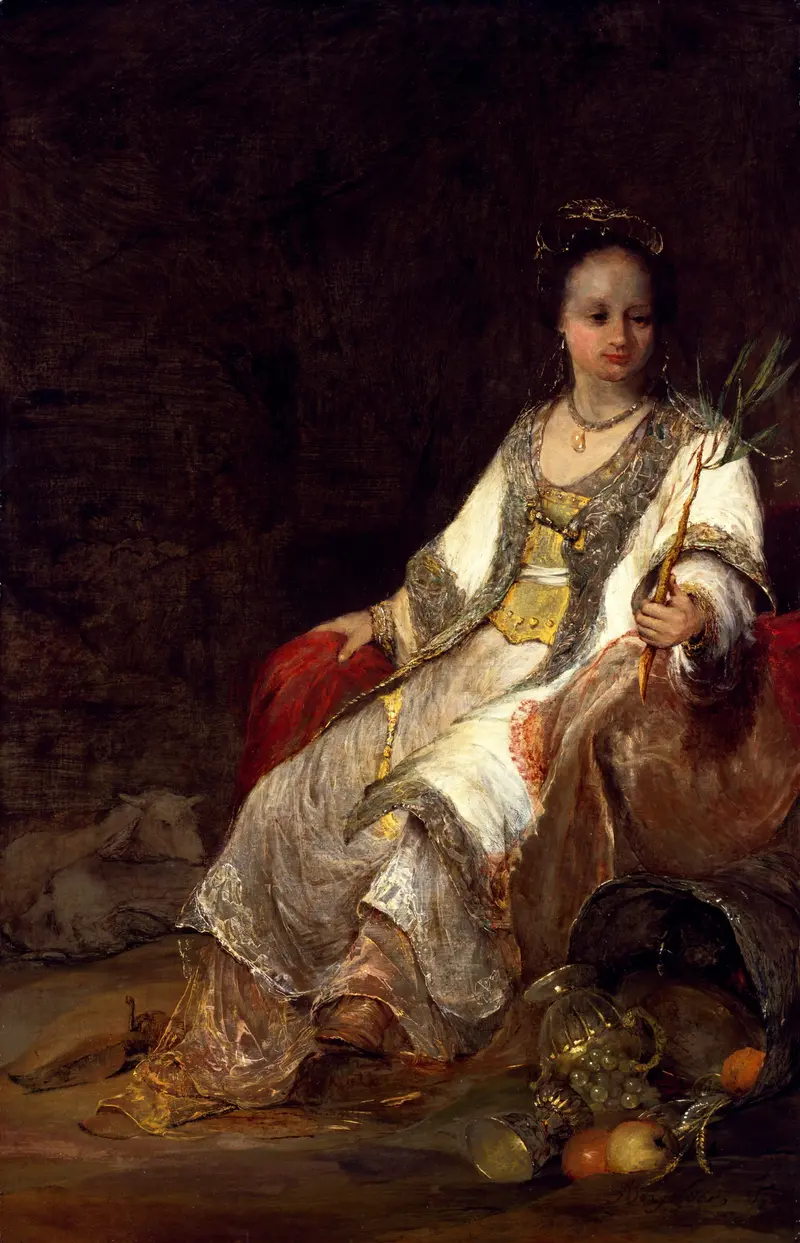 A woman in luminous brocades holds an olive branch, with a cornucopia at her feet and a lamb in shadow behind her.